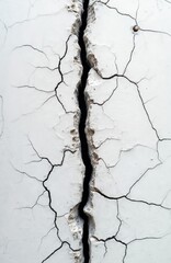 Fototapeta premium Vertical photo displays cracked white surface with black seam. Texture shows pattern of aged worn damaged material. Image illustrates broken surface design with separation, grunge effect. Wall