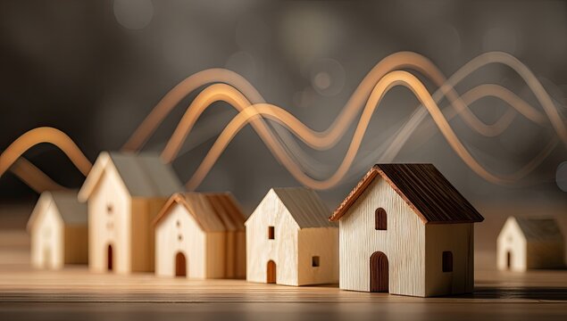 Miniature wooden houses on a wood surface with a graph overlay representing real estate trends