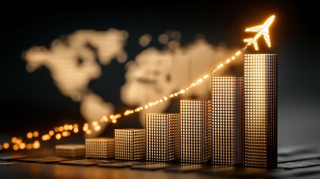 Luminous bar chart with golden airplane soaring upward symbolizes global economic growth and success. world map in background enhances theme of international business - Powered by Adobe