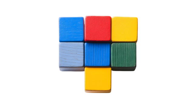 Arrangement of colorful wooden building blocks isolated on transparent background, creating a playful and educational composition