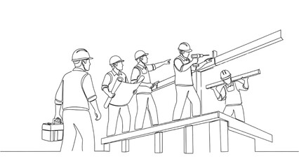 Minimalist Continuous Line Art of Construction Workers Carrying Tools and Working Together on Building, Black and White Illustration of Teamwork, Labor, and Safety