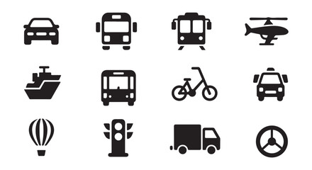Transportation and Vehicle Icons Collection: Car Bus Train Helicopter Ship Bicycle Taxi Balloon Traffic Light Truck and Steering Wheel Symbols