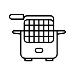 Simple line art icon of a deep fryer with basket and handle
