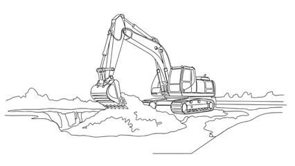 Continuous Line Drawing of Excavator Digging Earth at Construction Site, Minimalist Black and White Illustration of Excavation Work and Construction Machinery © Narmada