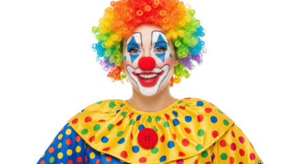 A clown with a colorful wig and face paint, wearing a polka dot costume, smiling and looking at the camera.