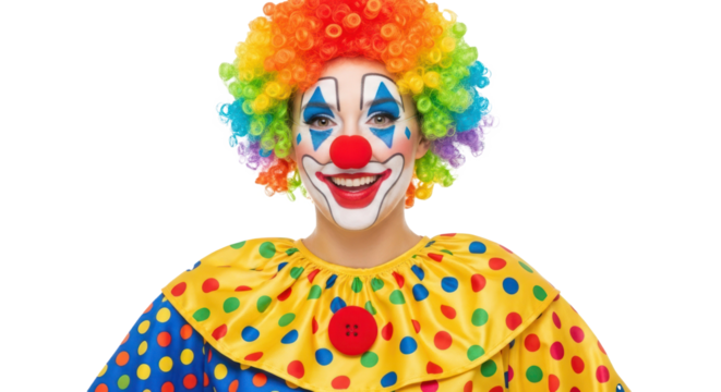 A clown with a colorful wig and face paint, wearing a polka dot costume, smiling and looking at the camera. - Powered by Adobe