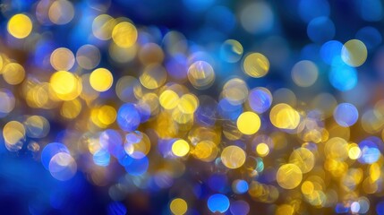 Blue and yellow circular bokeh lights with soft blur, creating a festive and dreamy winter holiday background.