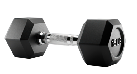 A black and white dumbbell with a 15-pound weight on a white background.