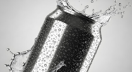 Refreshing cold metallic beverage can with water splash and condensation droplets on a light background