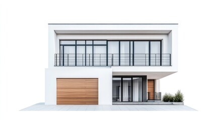 Modern two-story home with garage and balcony on white background