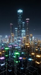 Futuristic cityscape with glowing neon lights illuminating the towering skyscrapers and interconnected gridlike structures, creating a vibrant and technologically advanced urban landscape