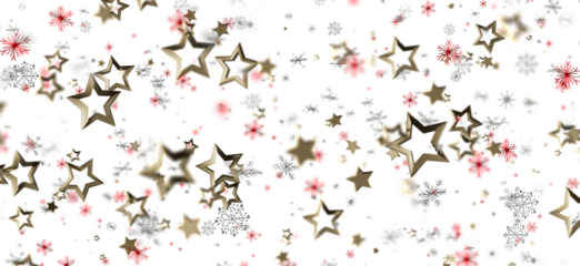 Abstract holiday background with a pattern of golden stars, snowflakes and red elements falling on a white background. Perfect for Christmas and