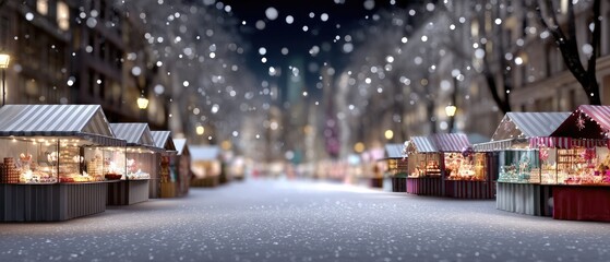 Winter market scene with colorful stalls in a snowy street at night, showcasing lights and decorations in a festive atmosphere