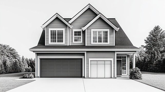 Two-story house with two garage doors, trees behind. For real estate, development or family housing concepts