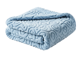 A folded blanket with a blue pattern on a white background.