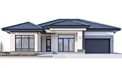 Single story house with driveway. Use real estate, construction. Background clear