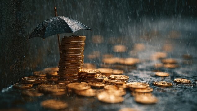 Gold coins stacked and scattered, protected by a tiny umbrella, amidst heavy rain