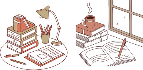 Cozy Study Desk Scene with Books Notebook Lamp and Coffee by the Window in Warm Minimal Illustration