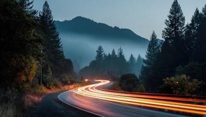 Long exposure shot of a winding road with vehicle light trails and a forested mountain background