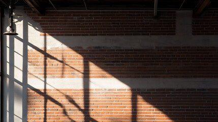 Brick wall lit by sunlight. Shadows of a nearby window frame streak across the surface. Industrial aesthetic. Neutral tones and textures.