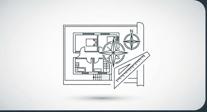 Detailed architectural floor plan blueprint with compass and ruler isolated on white background, showcasing technical design and precision in construction planning - Powered by Adobe