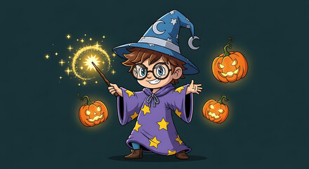 A cute cartoon boy wizard in a purple robe casting a spell with a magic wand surrounded by glowing jack-o'-lanterns.