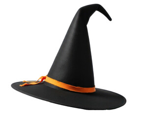 A black witch's hat with an orange ribbon on a white background.