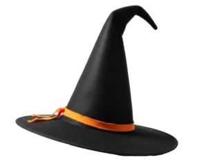 A black witch's hat with an orange ribbon on a white background.