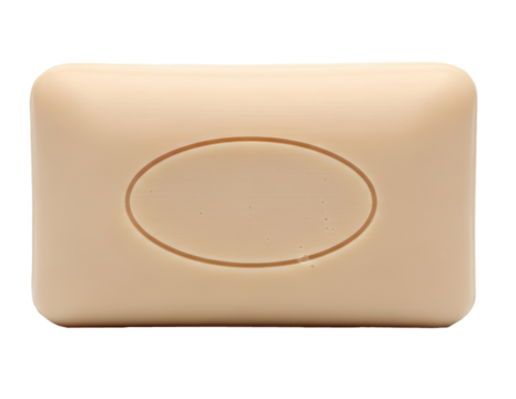 A beige bar of soap with a round label on a white background.