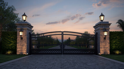 ornate wrought iron estate gate with stone pillars and lantern lighting at sunset