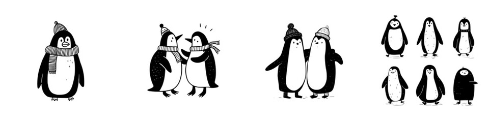 Cute hand drawn penguins dressed in warm winter accessories