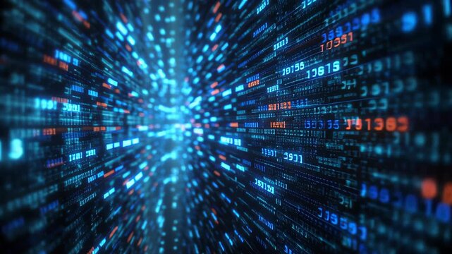 Dynamic Digital Data and Binary Code Background with Blue Glow and Flowing Visuals