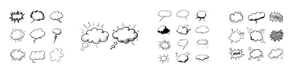 Collection of hand drawn comic style speech and thought bubbles