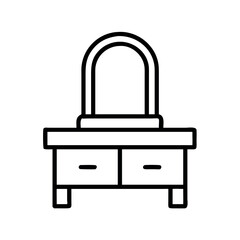 Simple line drawing of a vanity table with a mirror and drawers