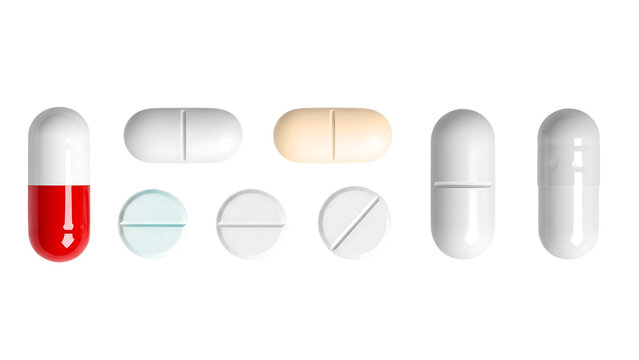 Set of Various Pills Capsules and Tablets Including Red and White Medication Isolated on Transparent Background