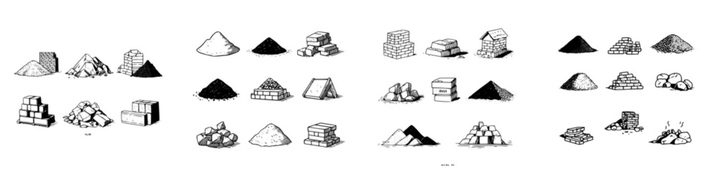 Piles and stacks of construction materials including bricks and aggregate