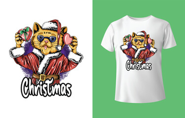Cool cartoon cat wearing sunglasses and santa claus costume holding christmas presents with festive text