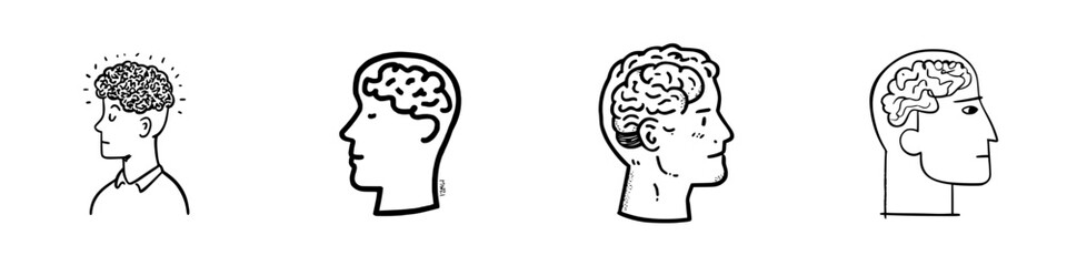 Set of four stylized human head profiles showing brain activity and anatomy