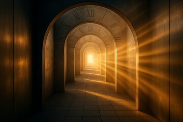 Obraz premium Arched Hallway with Clock Faces and Light Rays