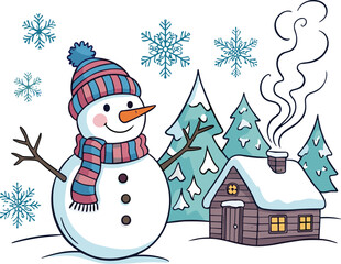 Snowman in winter forest with cozy cabin, festive trees, snowfall, holiday atmosphere, cheerful scene, seasonal illustration, Christmas theme, flat vector