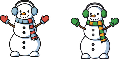 Winter snowman flat vector illustration, cartoon characters with scarf, earmuffs, mittens, boots, carrot nose, coal eyes, colorful festive design