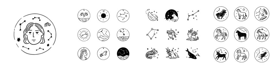 Hand drawn zodiac signs and constellations icons collection