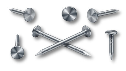 Detailed Realistic Metal Nail and Tack Set with Chrome Shine and Different Angles Isolated on White Background