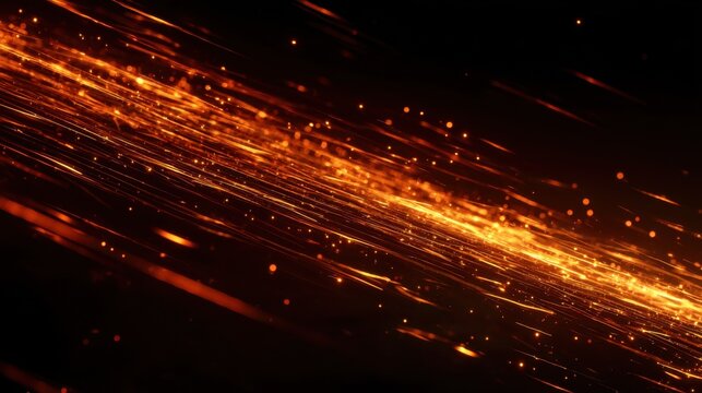 Glowing fire embers and sparks floating over a dark background with dynamic motion and vivid orange-yellow light.
