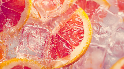 A close up of a bunch of grapefruit with ice cubes in the middle