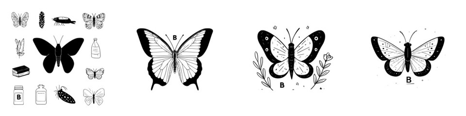 Stylized black and white drawings of various butterflies and insects