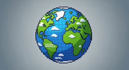 Pixel art style globe featuring continents and oceans, reminiscent of retro video games and digital representations of planet earth