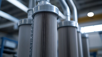 Fototapeta premium Close-up of industrial filtration system with multiple filter cartridges connected by metal pipes, showcasing industrial process filtration.