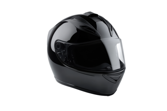 High-gloss black motorcycle helmet with full-face visor and clean design.