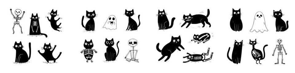 Cute black cats and skeletons for spooky Halloween theme